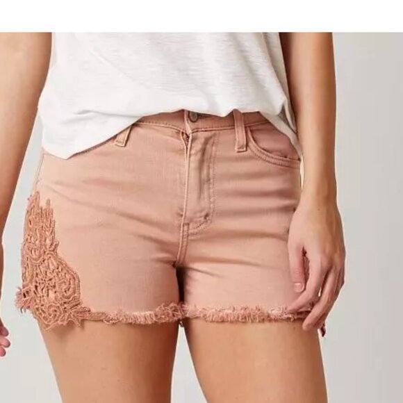 KanCan High Rise Stretch Short Mauve Kaimi Pink Lace Detail Cutoff Jean Denim 25 - Picture 1 of 6